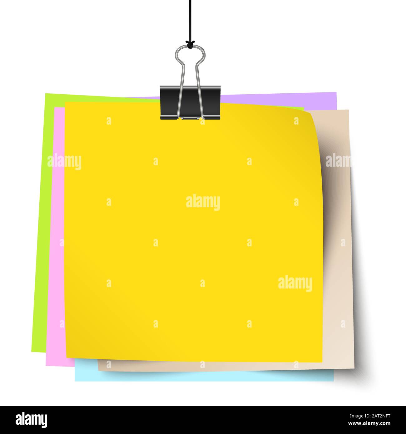 Vuoto poco colorato papers con legante clip appeso a spago nero Illustrazione Vettoriale