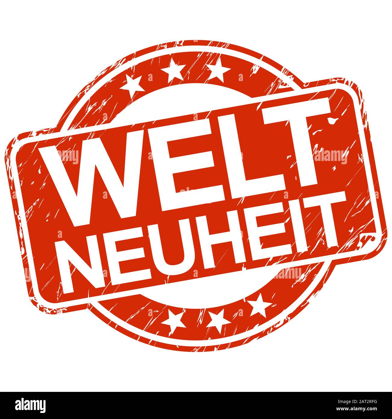Rosso timbro rotondo con graffi e testo novità mondiale (in tedesco) Illustrazione Vettoriale