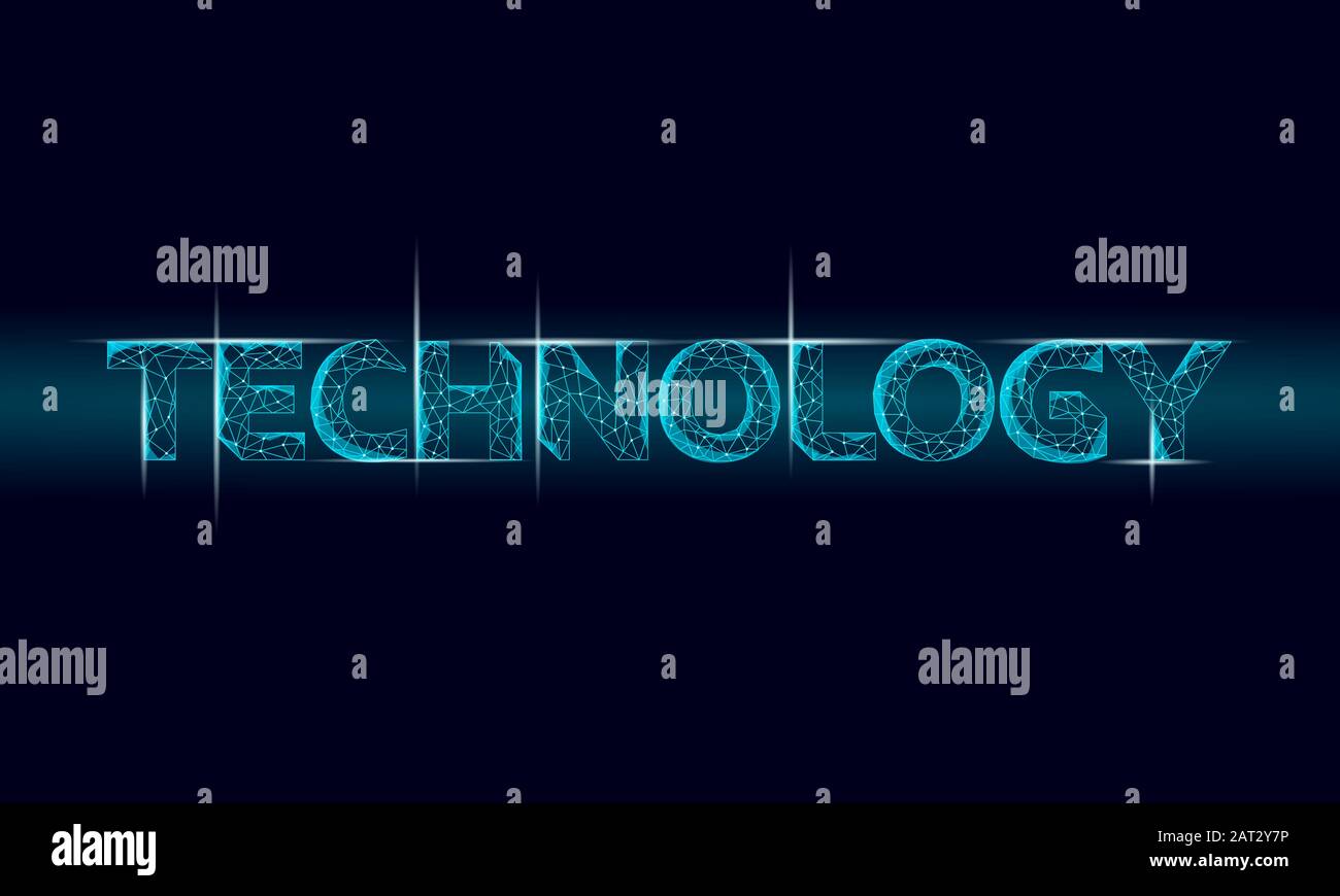 Tecnologia Word in moderno design a basso poli incandescente. Caratteri futuristici per il cyberspazio. Iscrizione con segno digitale ad effetto luce. Vettore neon Illustrazione Vettoriale