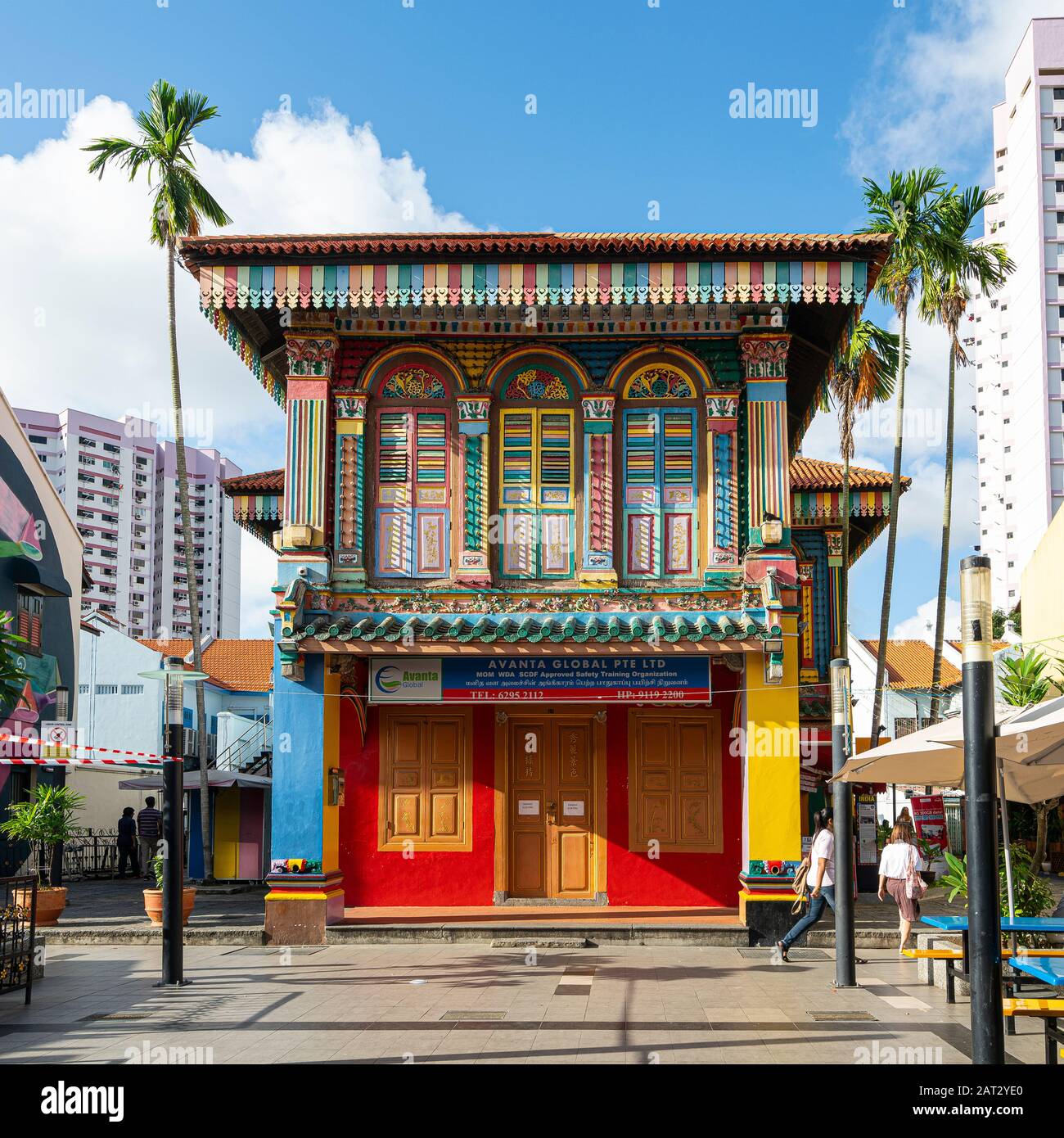 Singapore. Gennaio 2020. Case colorate nel quartiere Little India Foto Stock