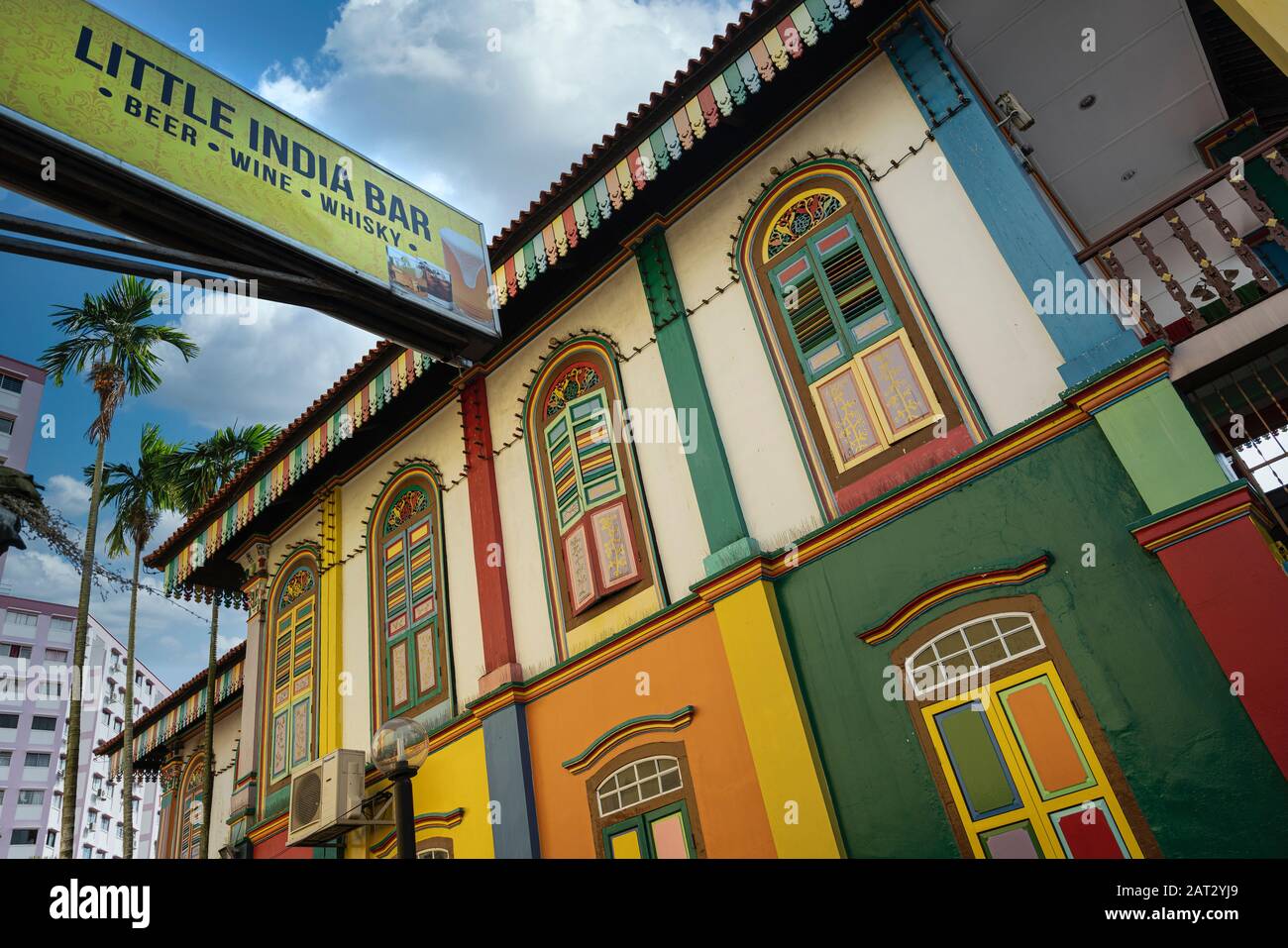 Singapore. Gennaio 2020. Case colorate nel quartiere Little India Foto Stock
