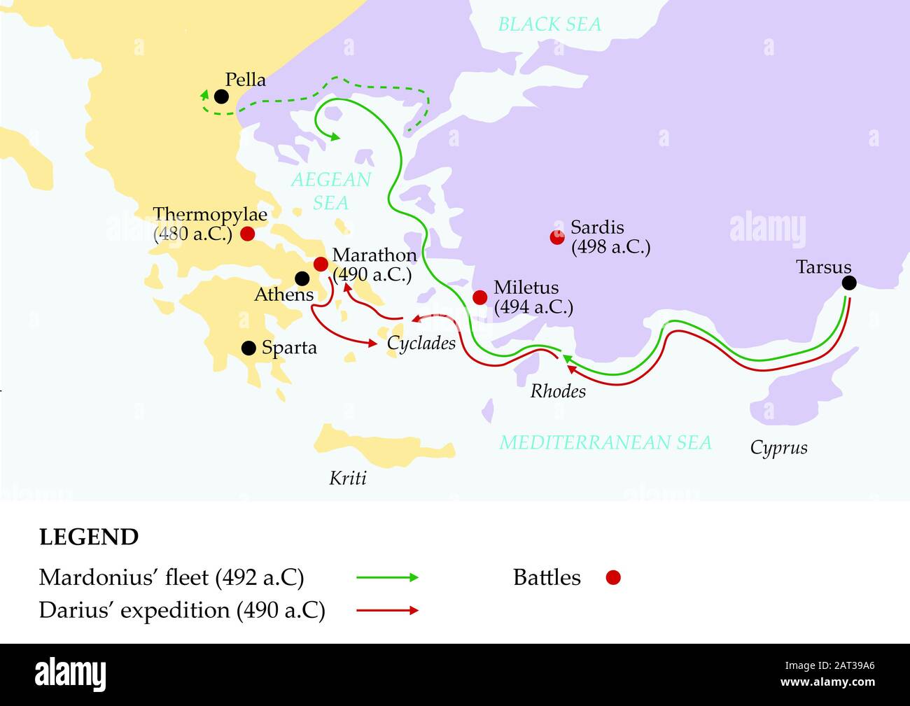 Antica carta della grecia che mostra l'invasione persiana della grecia. Foto Stock