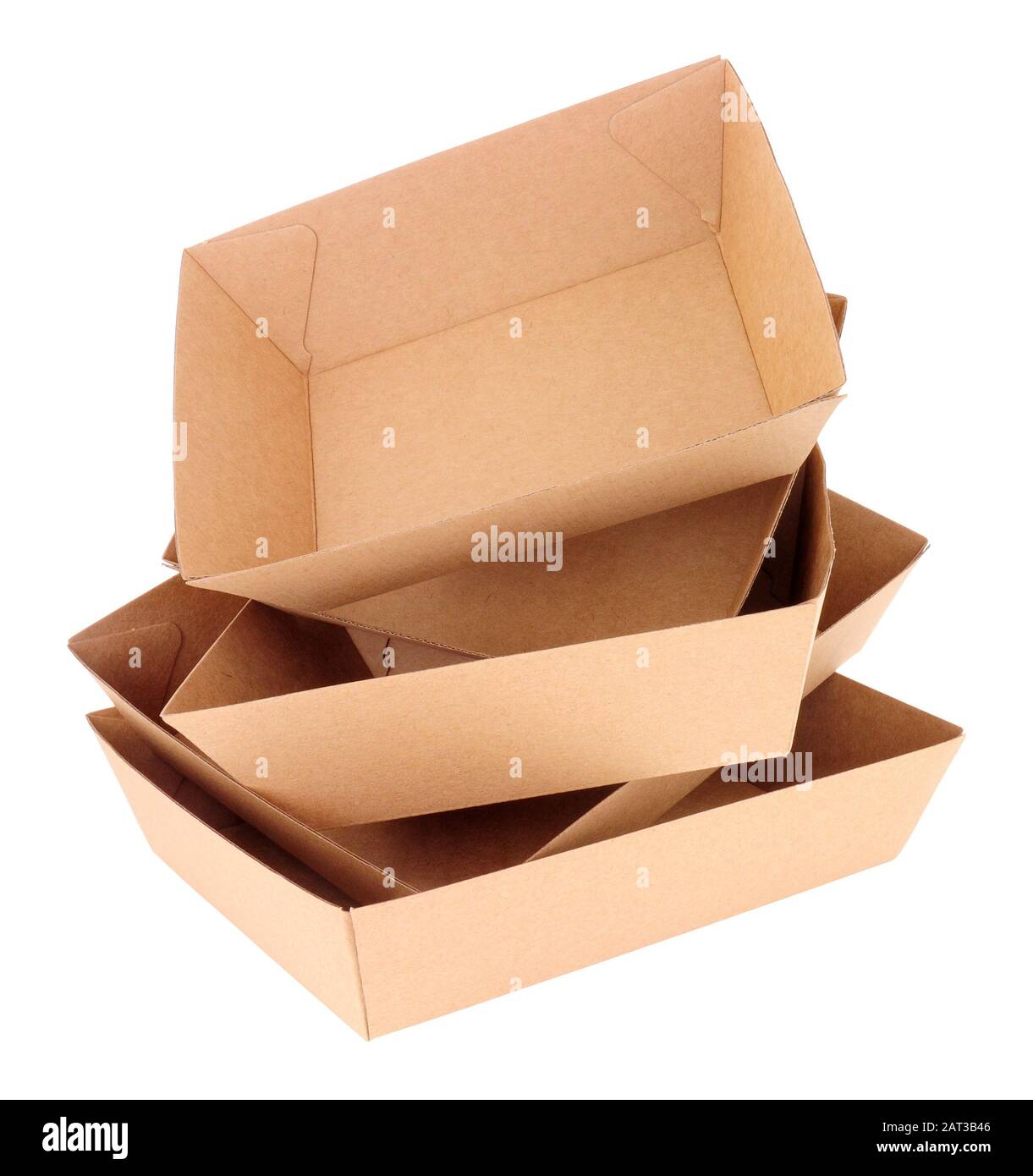 Gruppo di vassoi per alimenti in cartone riciclabili isolati su sfondo bianco Foto Stock