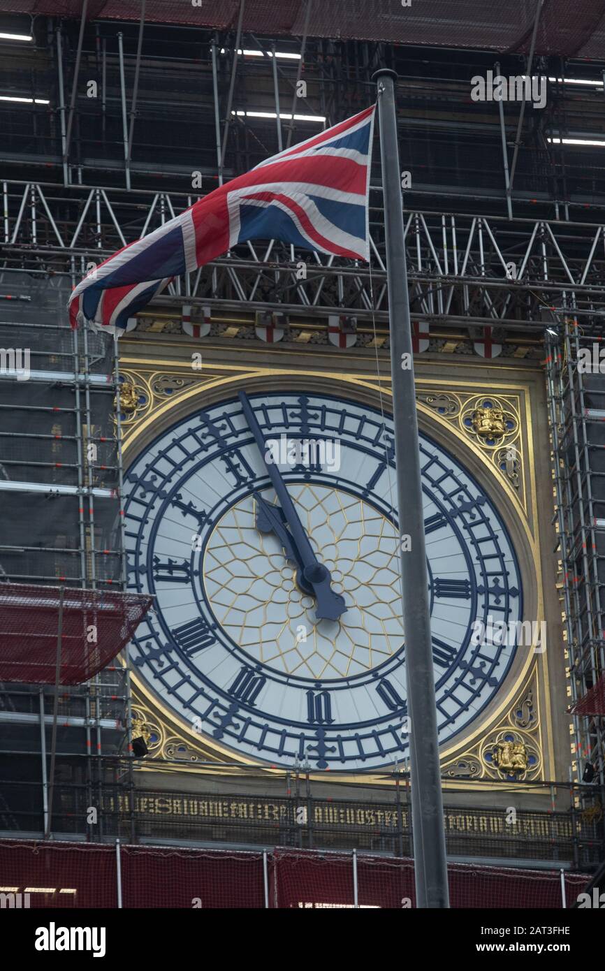Londra Regno Unito. 30 Gennaio 2020. Big ben Clock Face mentre la Gran Bretagna si prepara a lasciare come membro associato dell'Unione europea al 11pm il 31 gennaio 2020 dopo 47 anni. Credit: Amer ghazzal/Alamy Live News Foto Stock