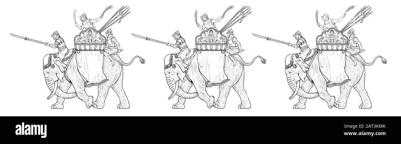 Regina del Siam Suriyothai sull'elefante di battaglia. Disegno di elefante di guerra di Thailands. Foto Stock