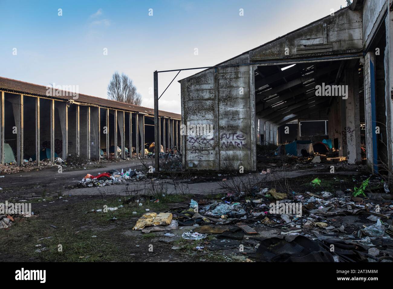 Immigrati curdi iracheni che si rifugiano in tende tra le macerie di un deposito derelict alla periferia di Dunkerque mentre cercano di raggiungere la Gran Bretagna. Foto Stock