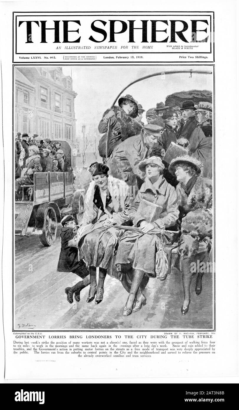 Il coperchio anteriore sfera - 15 febbraio 1919 Camion che trasportano Londoners durante lo sciopero tubo 4755 x 2968 pixel. 300 dpi Foto Stock