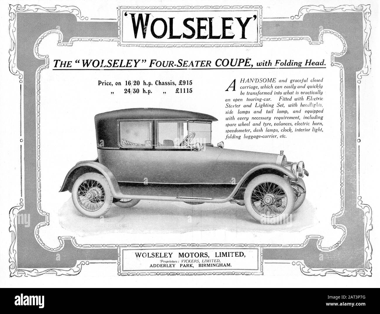 Wolseley 4 posti coupé la sfera pubblicità - 1919 2211 x 2916 pixel. 300 dpi Foto Stock