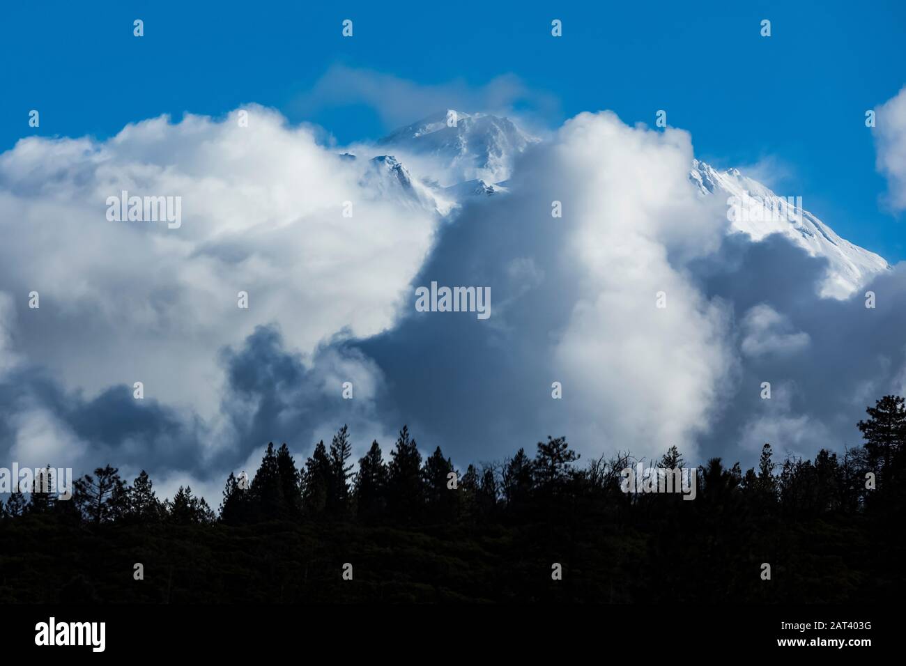 Monte Shasta ha intravisto attraverso le nuvole d'inverno sparse, Shasta–Trinity National Forest, California, Stati Uniti Foto Stock