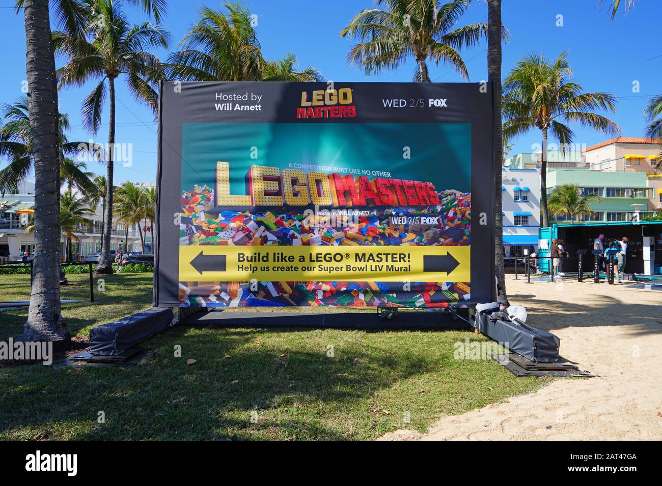 Miami, FL -28 GEN 2020 - Vista dell'attrazione Lego Masters presso gli studi televisivi Superbowl LIV 54 FOX a Miami Beach. Foto Stock