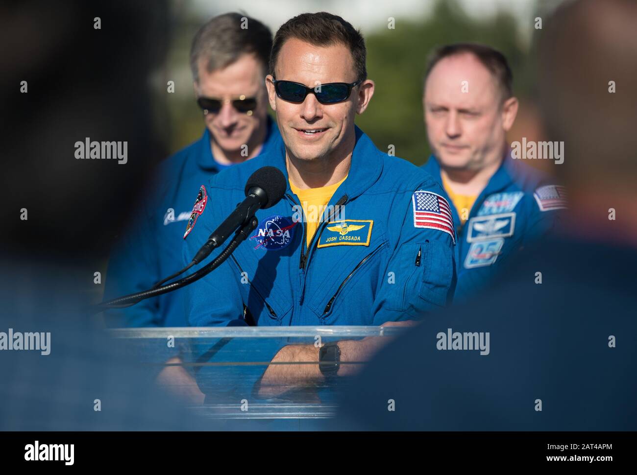 Kennedy SPACE CENTER, USA - 19 dic 2019 - l'astronauta della NASA Josh Cassada risponde a una domanda durante una conferenza stampa prima del volo Boeing Orbital Foto Stock