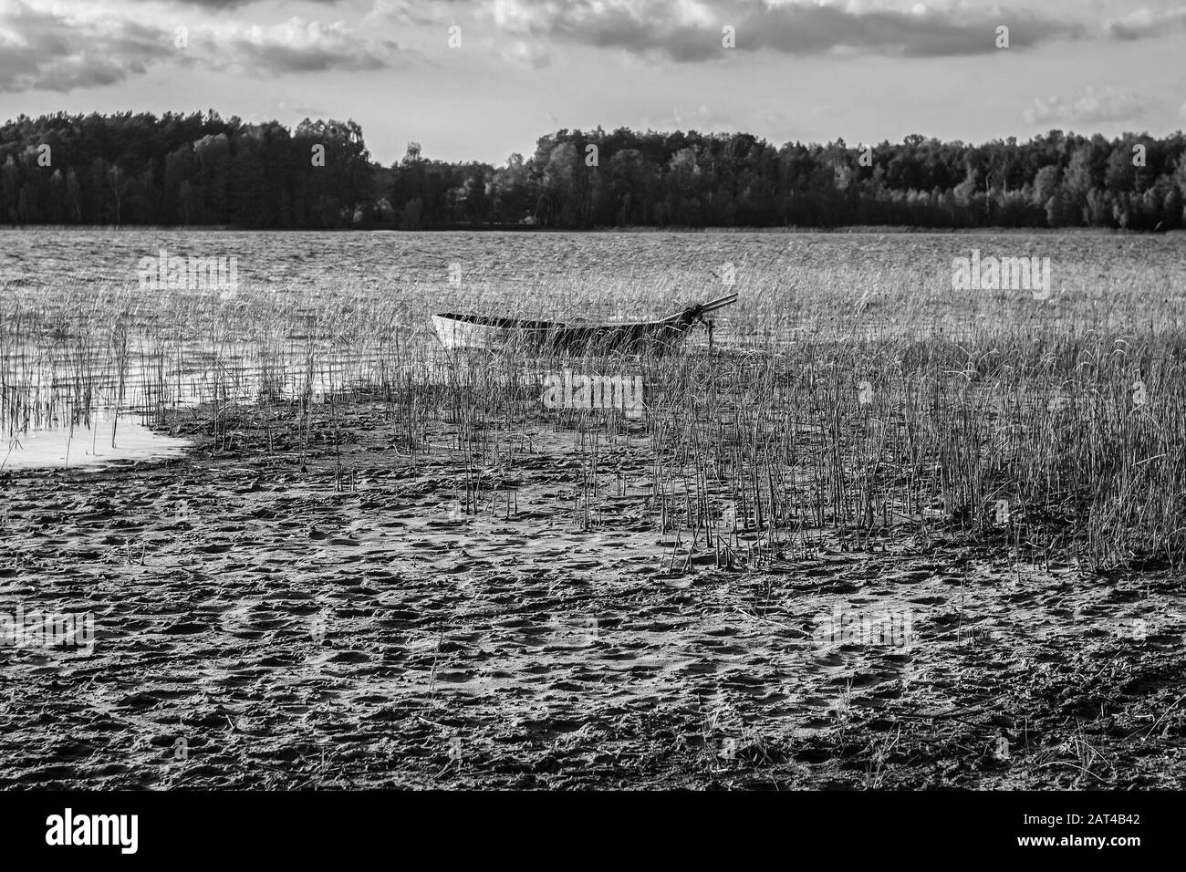 Vecchia barca di legno ormeggiata sul lago di terra della muffa Foto Stock