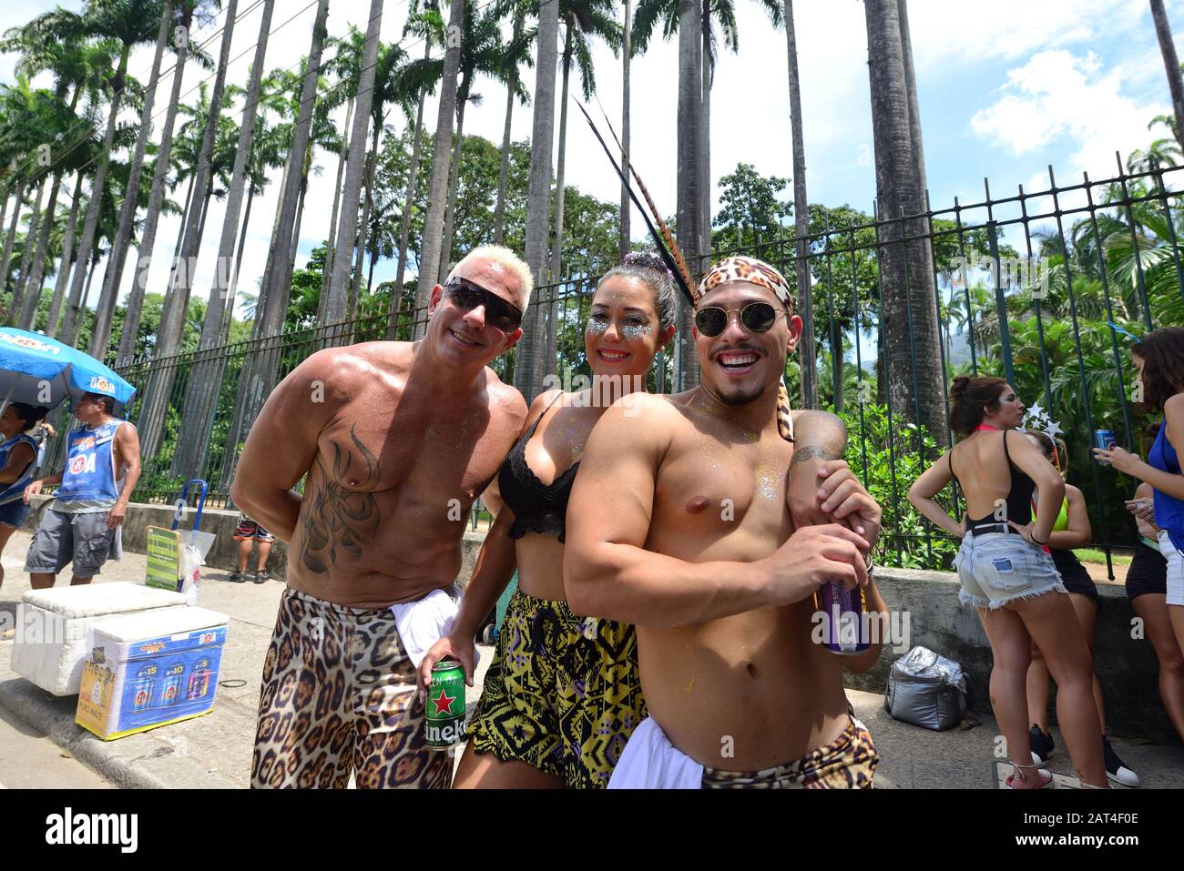 Sud America, Brasile - 5 Marzo 2019: giovane brasiliano di festeggianti sorriso per la telecamera a un carnevale street partito svoltasi a Rio de Janeiro la zona sud. Foto Stock