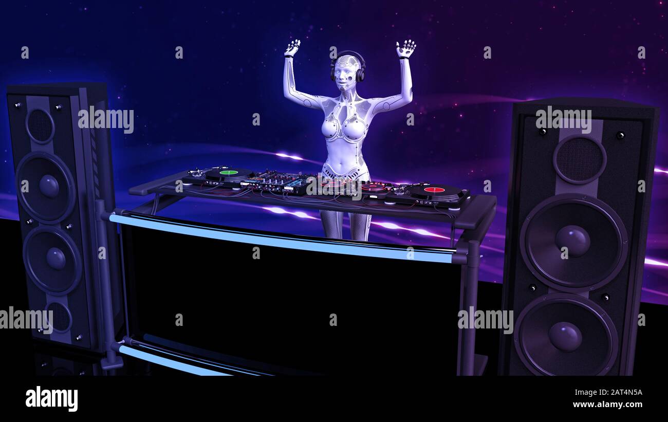 DJ android, disco jockey robot con mani in su per la riproduzione di musica su giradischi, cyborg sul palco con apparecchiature audio deejay, vista laterale, rendering 3D Foto Stock