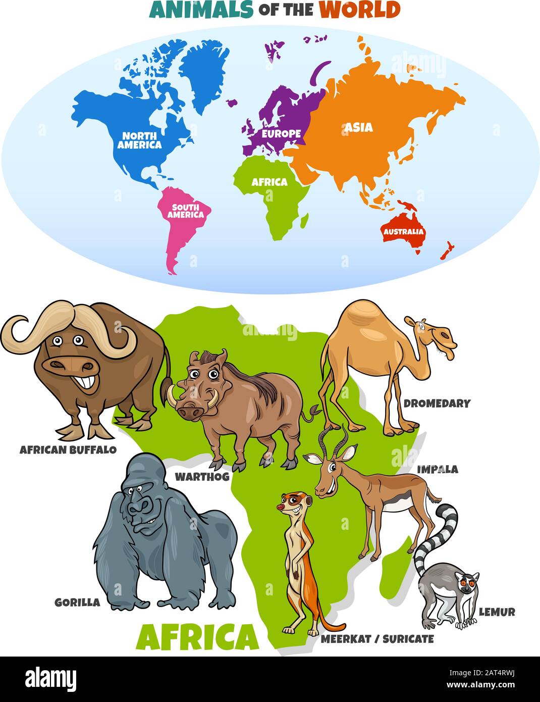 Illustrazione Di Cartoni Educativi Di Animali Africani E Di Mappa Del Mondo Con Forme Di Continenti Illustrazione Vettoriale