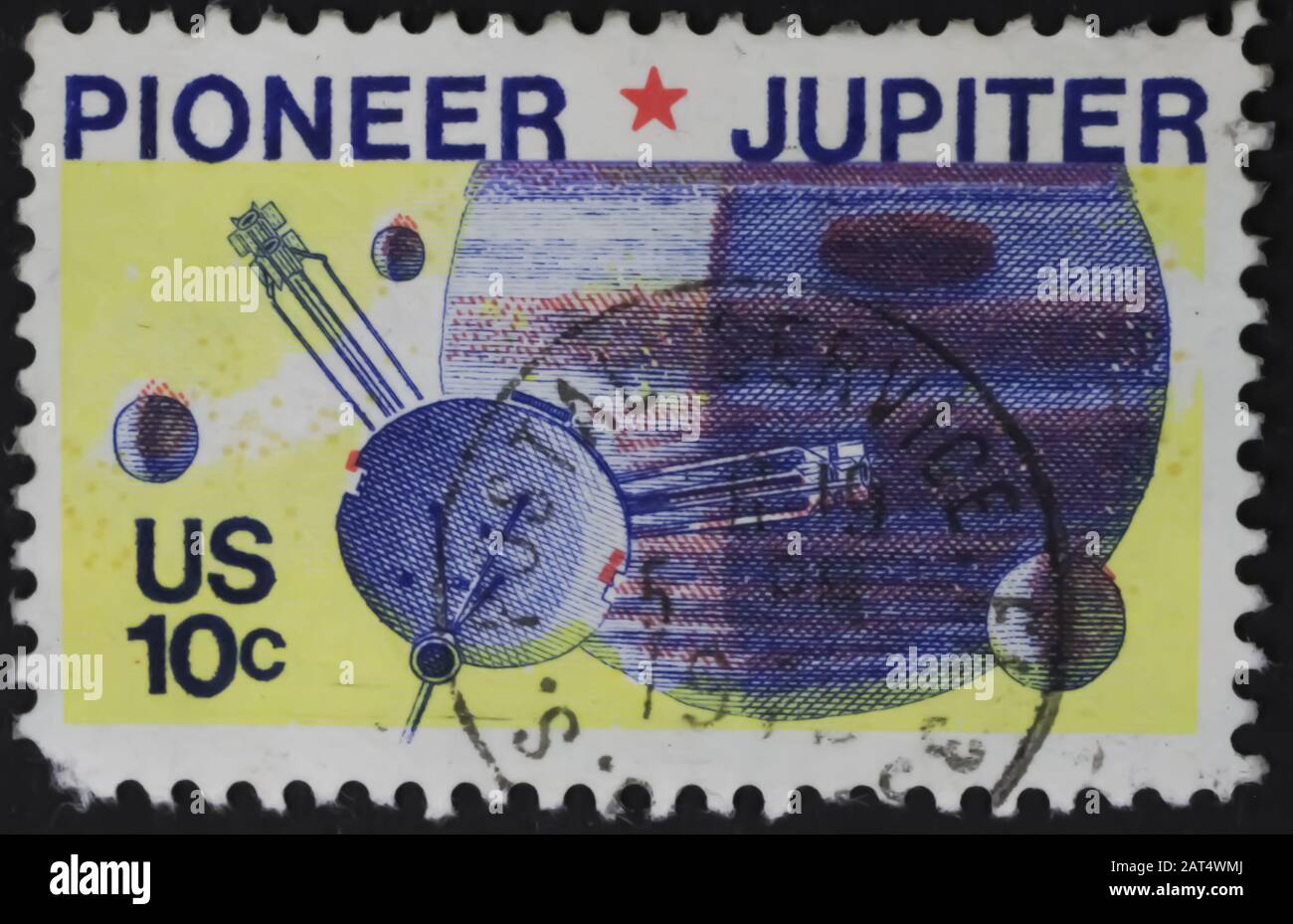 Viersen, Germania - 29 Gennaio. 2020: Primo piano del 10 cent USA con motivazione del pioniere jupiter rilasciato nel 1975 Foto Stock