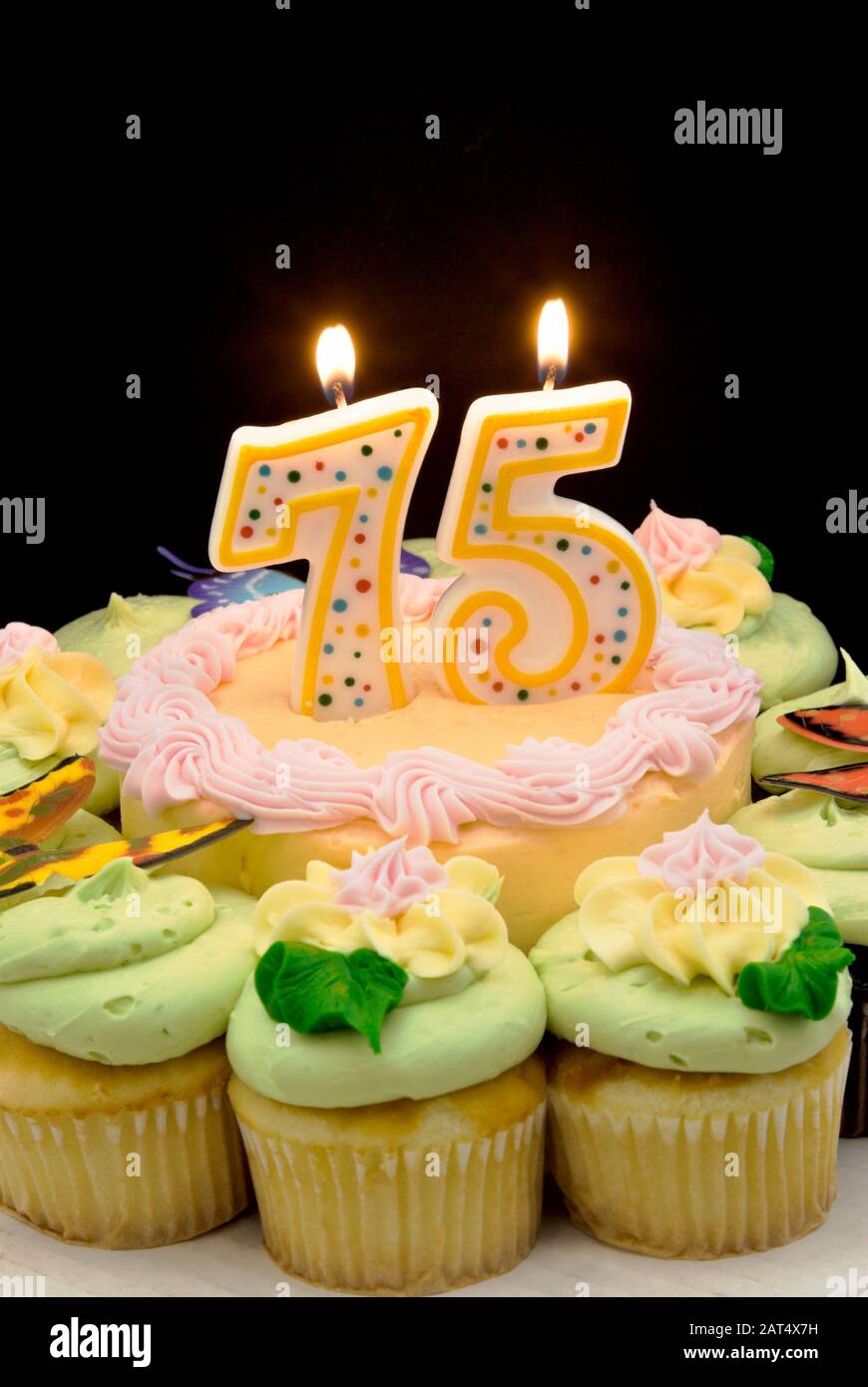 Torta di compleanno con crema di burro color pastello circondata da cupcake. Un numero 75 settantacinque candela sta bruciando nel mezzo della torta. Foto Stock