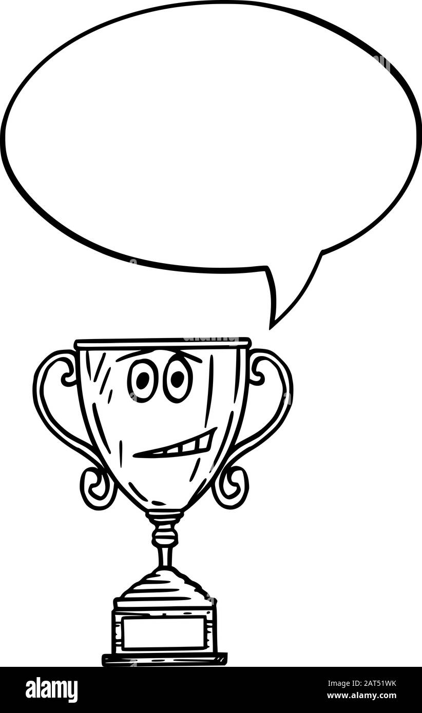 Illustrazione vettoriale del personaggio della coppa del trofeo del vincitore del cartone animato con il linguaggio bubble.Sport o pubblicità commerciale o disegno di marketing. Illustrazione Vettoriale