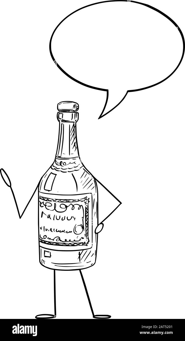 Illustrazione vettoriale del carattere della bottiglia del liquore del cartone animato con il bubble.Advertisement del parlato o disegno di vendita. Illustrazione Vettoriale
