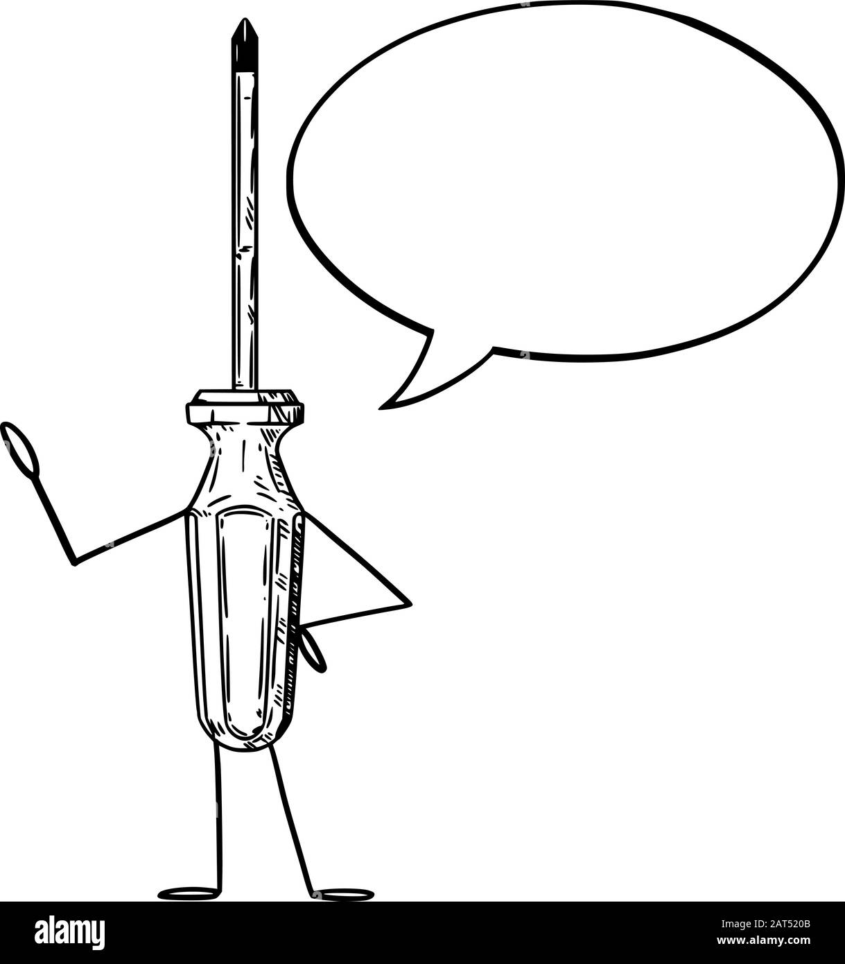 Illustrazione vettoriale del carattere del cacciavite del cartone animato con la bolla del parlato. Artigianato o pubblicità di attrezzo o disegno di vendita. Illustrazione Vettoriale