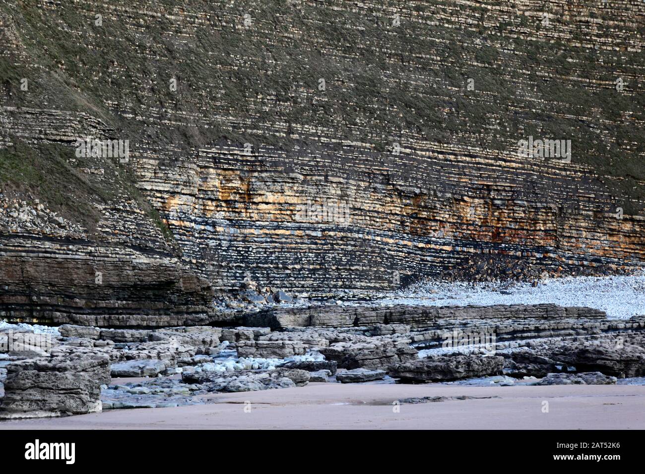 Pietra calcarea strata in scogliere a Dunraven Bay, vicino Southerndown, South Glamorgan, Galles, Regno Unito Foto Stock