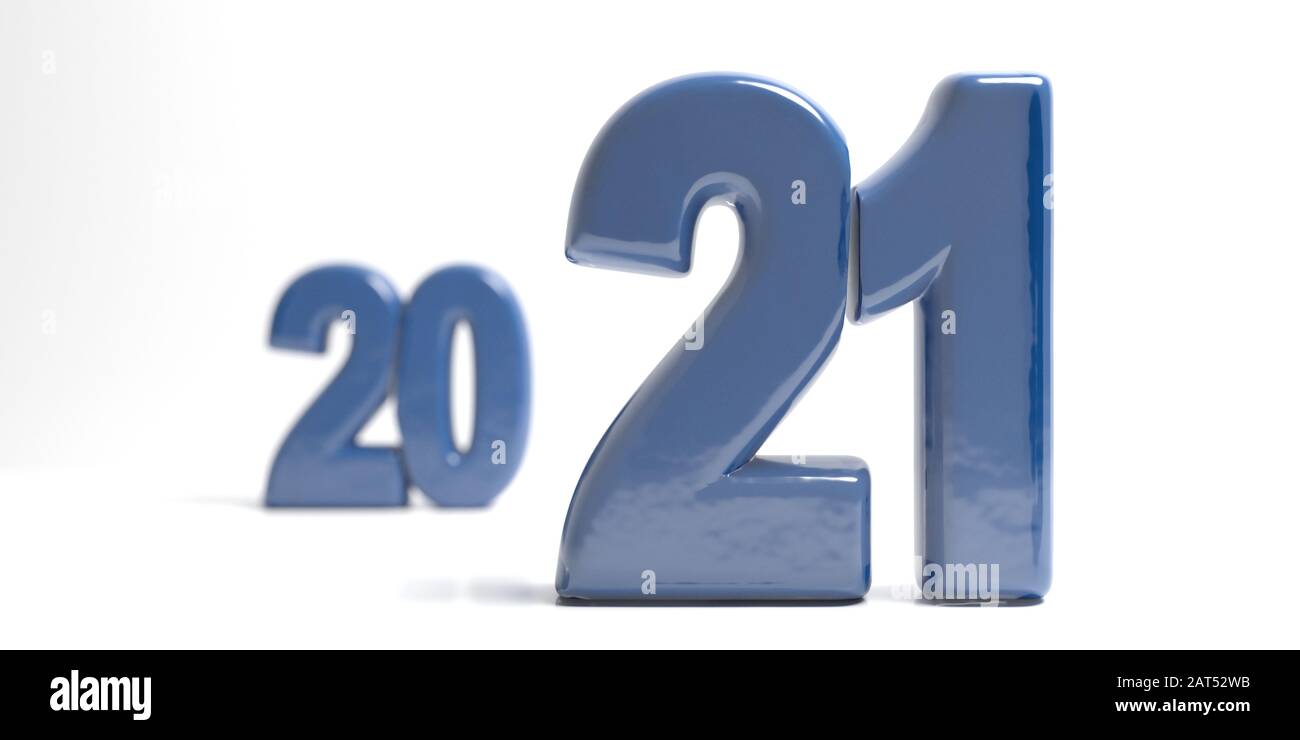 2021 cambiamento del nuovo anno. Numeri blu con profondità di campo e numeri sfocati su sfondo bianco. Vista ravvicinata, sommario. figura 3d Foto Stock