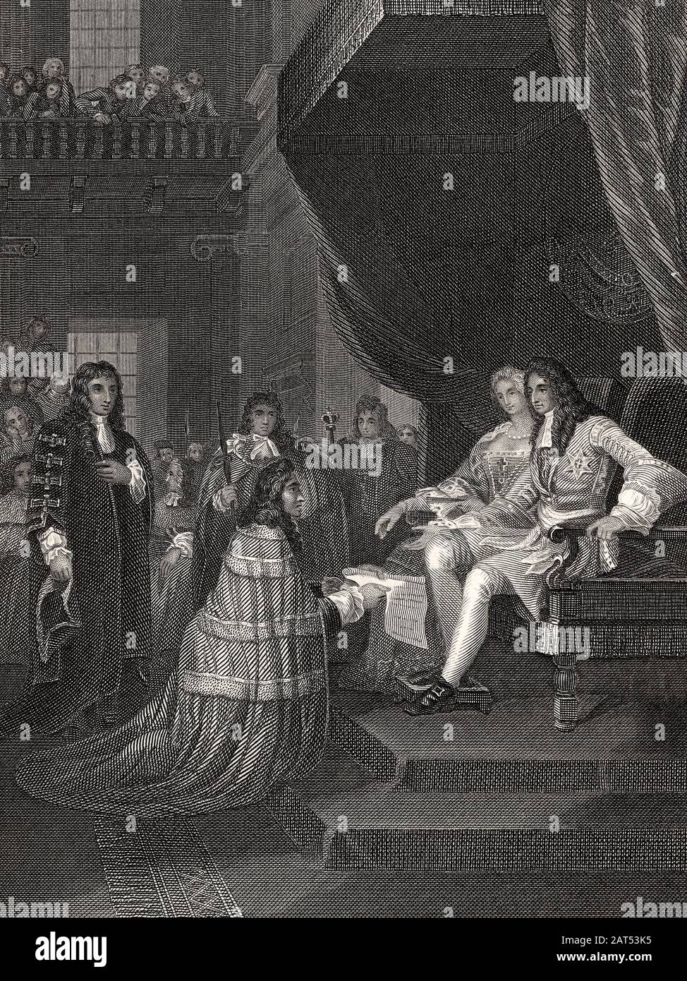 Il Principe di Orange, Guglielmo III e Maria II firmano la Legge dei diritti Inglese 1689 Foto Stock