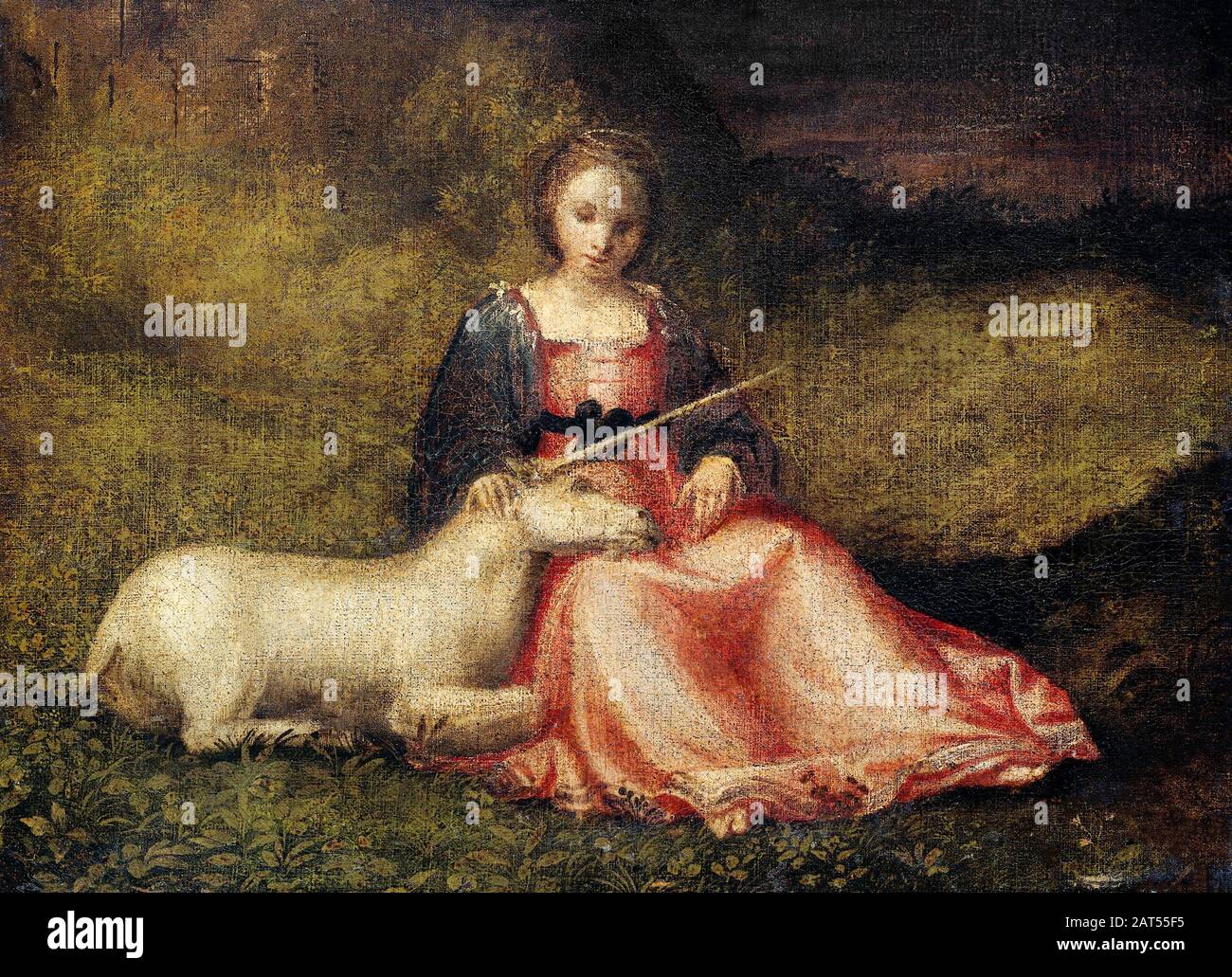 Donna con un'opera d'arte medievale d'epoca unicorno Foto Stock