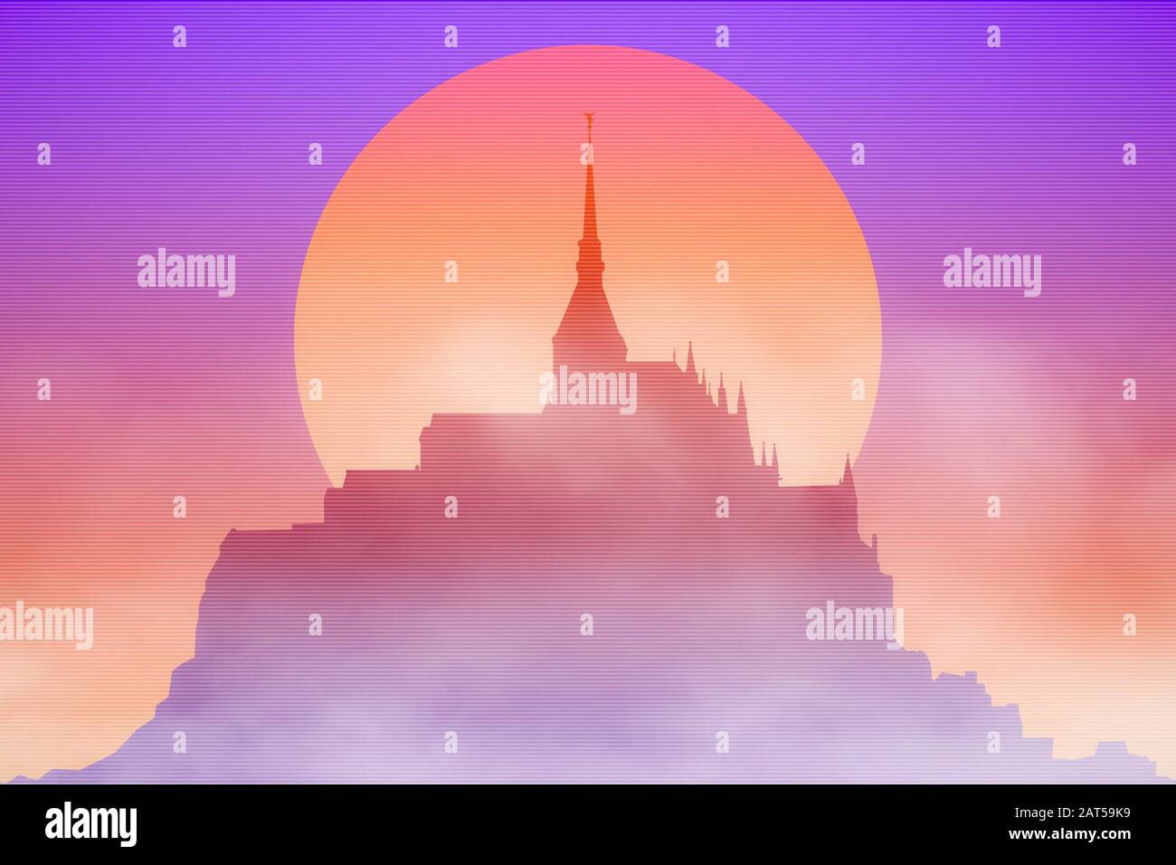 Mont St-Michel Silhouette, Normandia, Francia. Castello, medievale città fortificata o abbazia che emerge dalla nebbia all'alba o al tramonto. Fantasy generico 2d Foto Stock