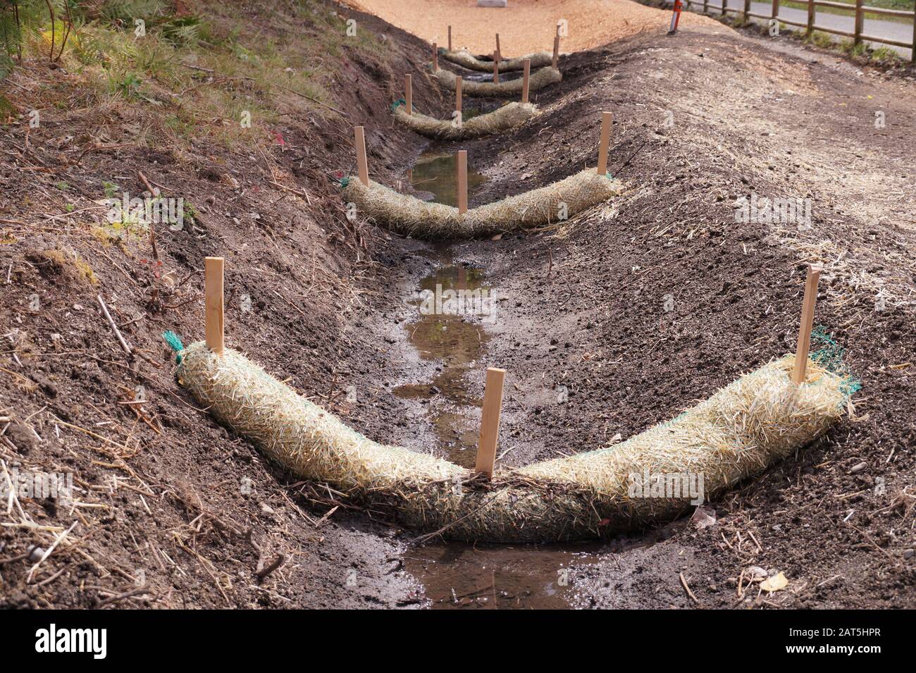 Lavori di drenaggio di terra. L'uso di wattles di paglia. Foto Stock