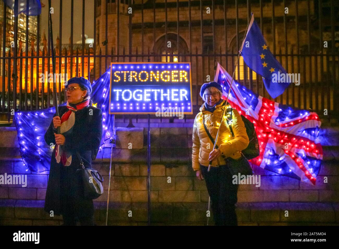 Westminster, London, 30th Jan 2020. I manifestanti europei continuano a schierarsi fuori dal Parlamento con una veglia notturna contro la Brexit, che comprende bandiere illuminate, cartelli e un sistema sano. Credito: Imageplotter/Alamy Live News Foto Stock