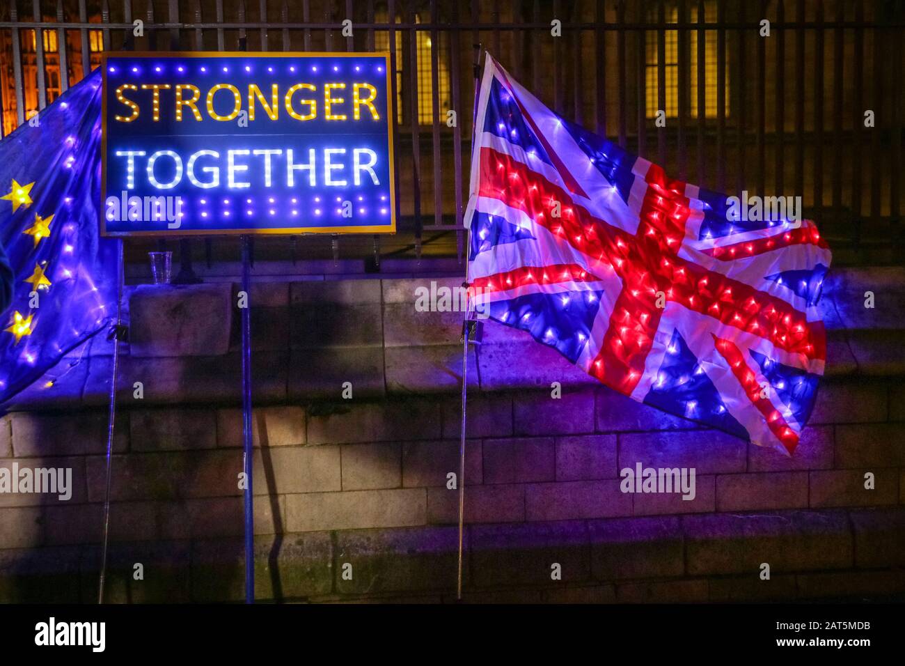Westminster, London, 30th Jan 2020. I manifestanti europei continuano a schierarsi fuori dal Parlamento con una veglia notturna contro la Brexit, che comprende bandiere illuminate, cartelli e un sistema sano. Credito: Imageplotter/Alamy Live News Foto Stock