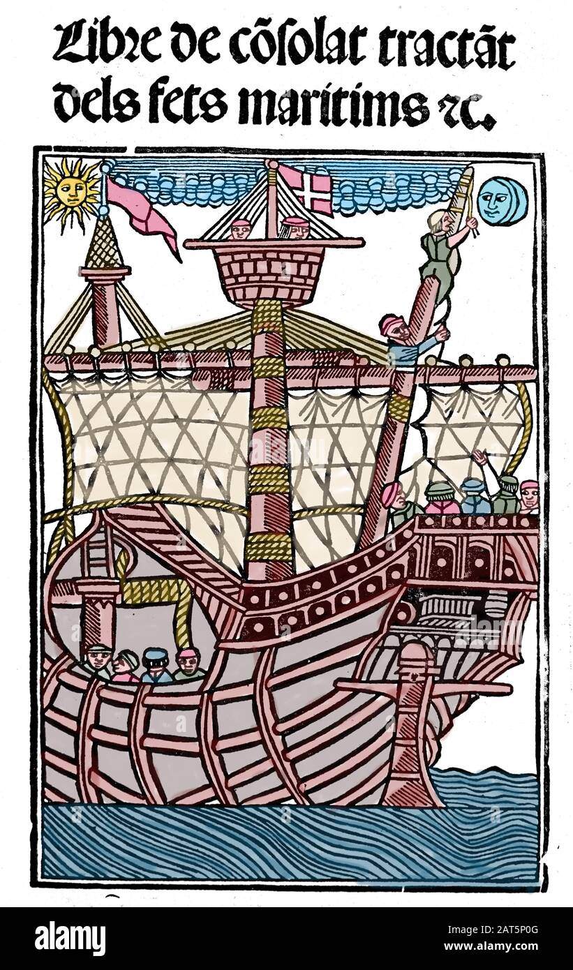 Libro del Consolato del Mare. Compendio del diritto marittimo nel Mediterraneo. 1320-1330. Lingua catalana. Edizione 1502. Foto Stock