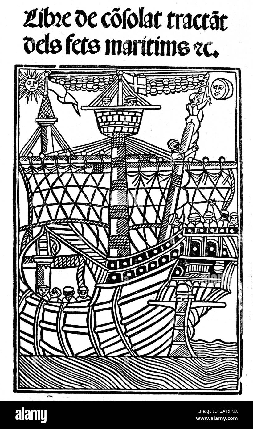 Libro del Consolato del Mare. Compendio del diritto marittimo nel Mediterraneo. 1320-1330. Lingua catalana. Edizione 1502. Foto Stock