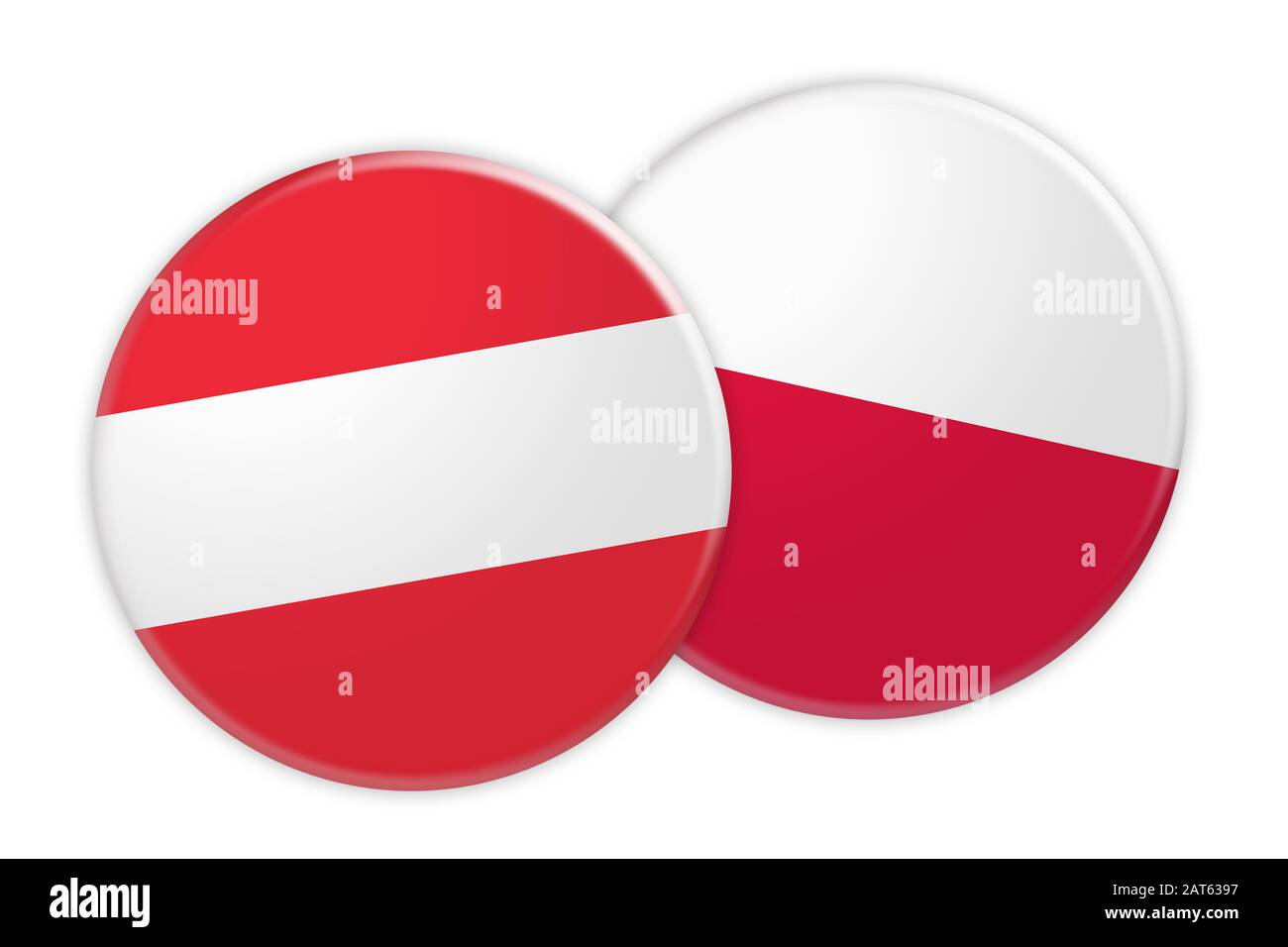 Concetto di notizie: Pulsante bandiera Austria Sul Pulsante bandiera Polonia, illustrazione 3d su sfondo bianco Foto Stock