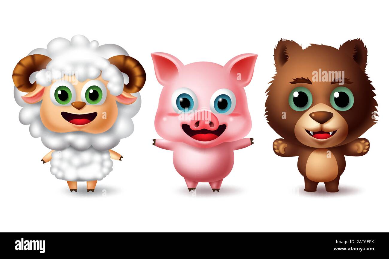 Set vettore permanente caratteri animali. Agnello, maiale e orso animali personaggi in sorridente espressione facciale, mentre in piedi isolato in bianco sfondo. Illustrazione Vettoriale