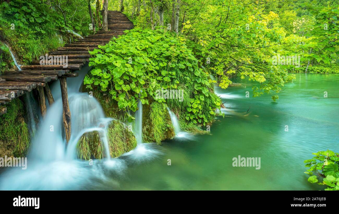 Una lunga scena naturale esposta, con cascate che scorrono sotto una passerella in legno in una foresta al Parco Nazionale dei Laghi di Plitvice in Croazia. Foto Stock