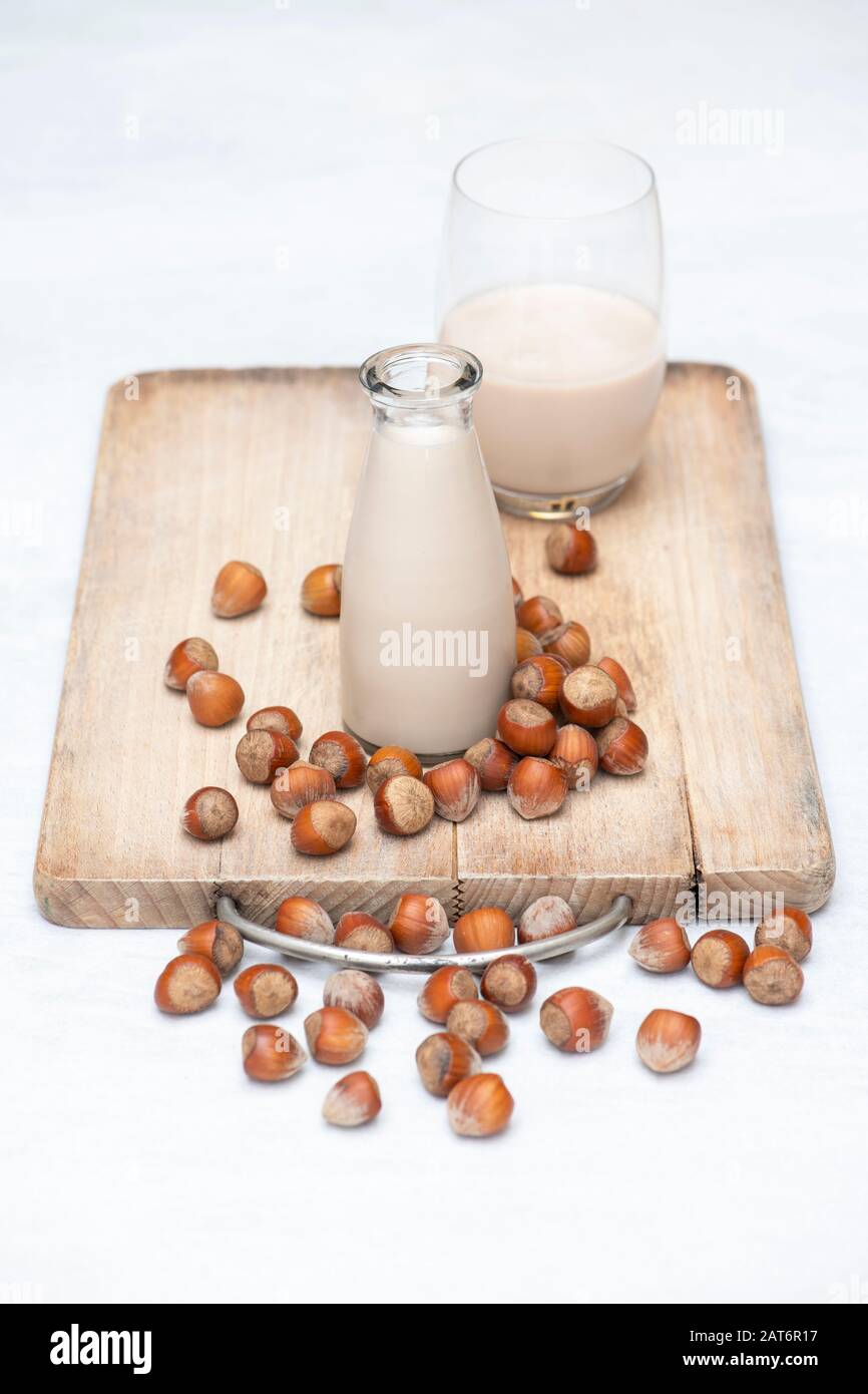 Alternative di latte a base vegetale vegano. Latte di nocciola con nocciole su una tavola di legno Foto Stock