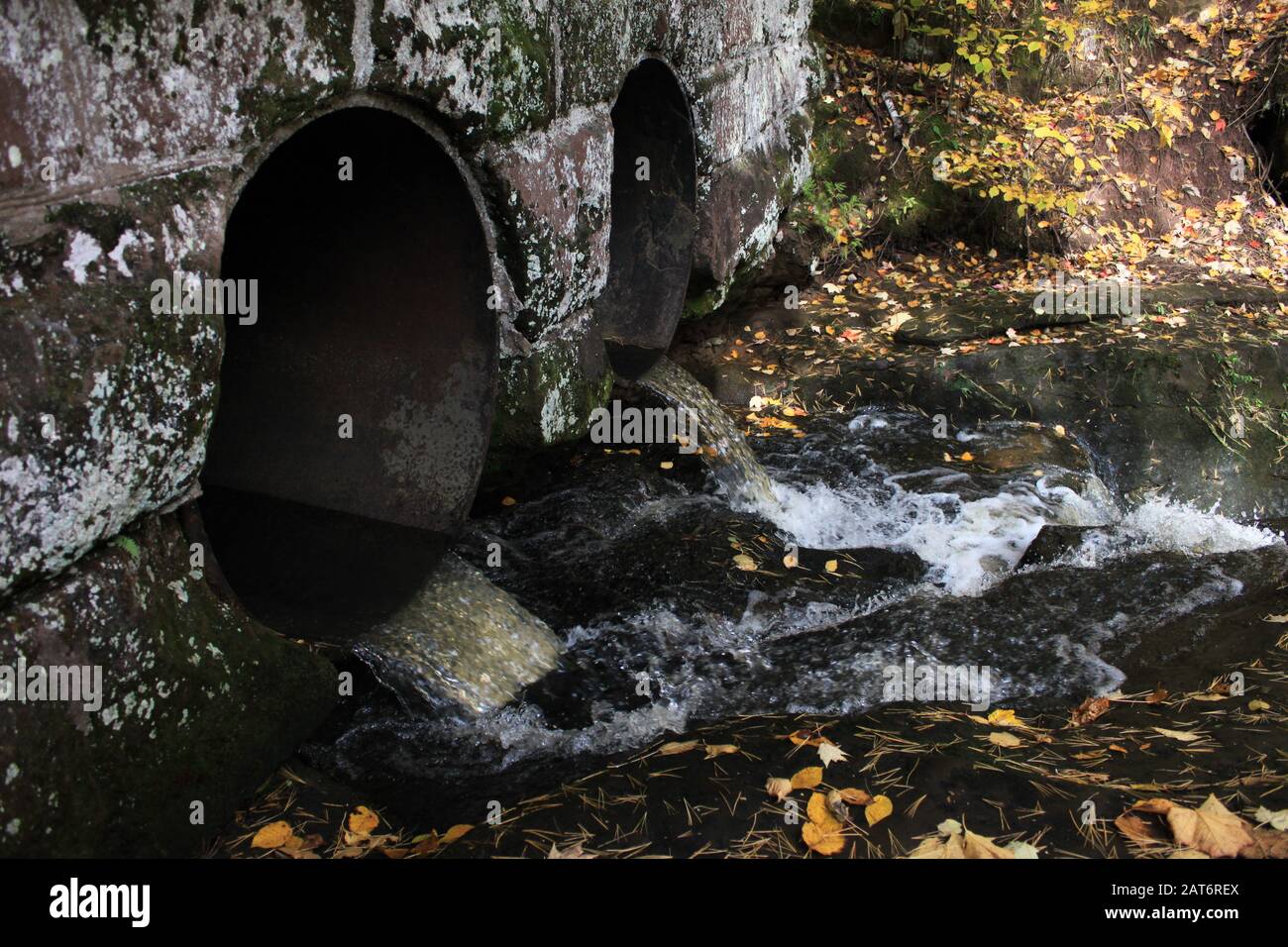 L'acqua scorre attraverso i culverts sotto un ponte di pietra lichen-coperto. NelL'Autunno 2018, Nell'Area Naturale Statale Di Houghton Falls, Bayfield Co. Wisconsin. Foto Stock
