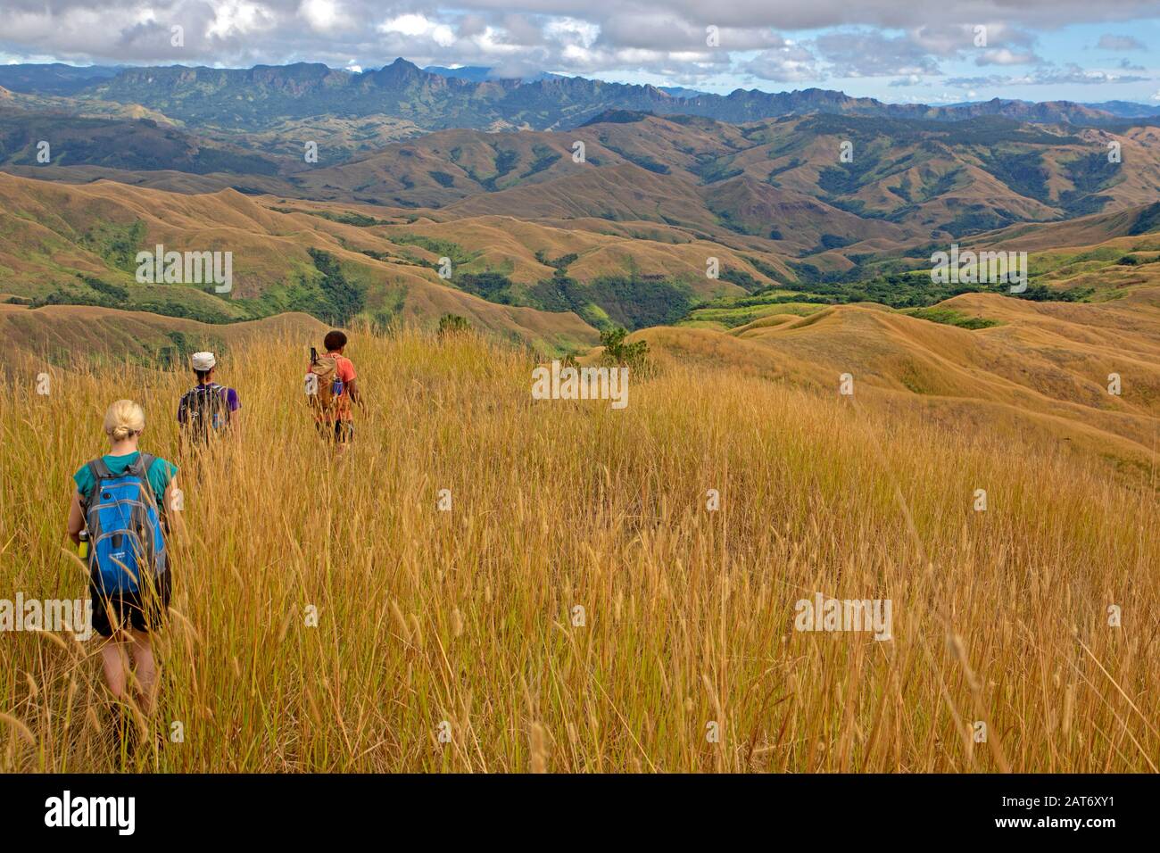 Escursioni attraverso l'alta prateria negli altopiani di viti Levu Foto Stock