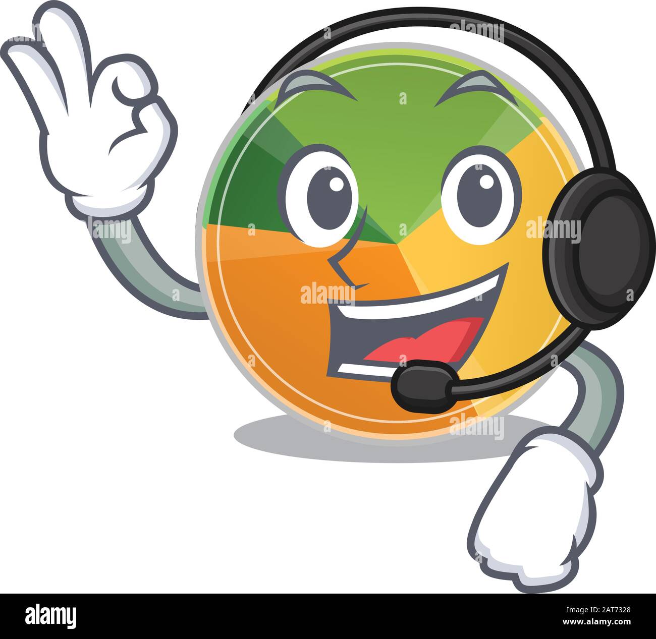 Smiley grafico a torta cartone animato personaggio design indossando cuffie Illustrazione Vettoriale