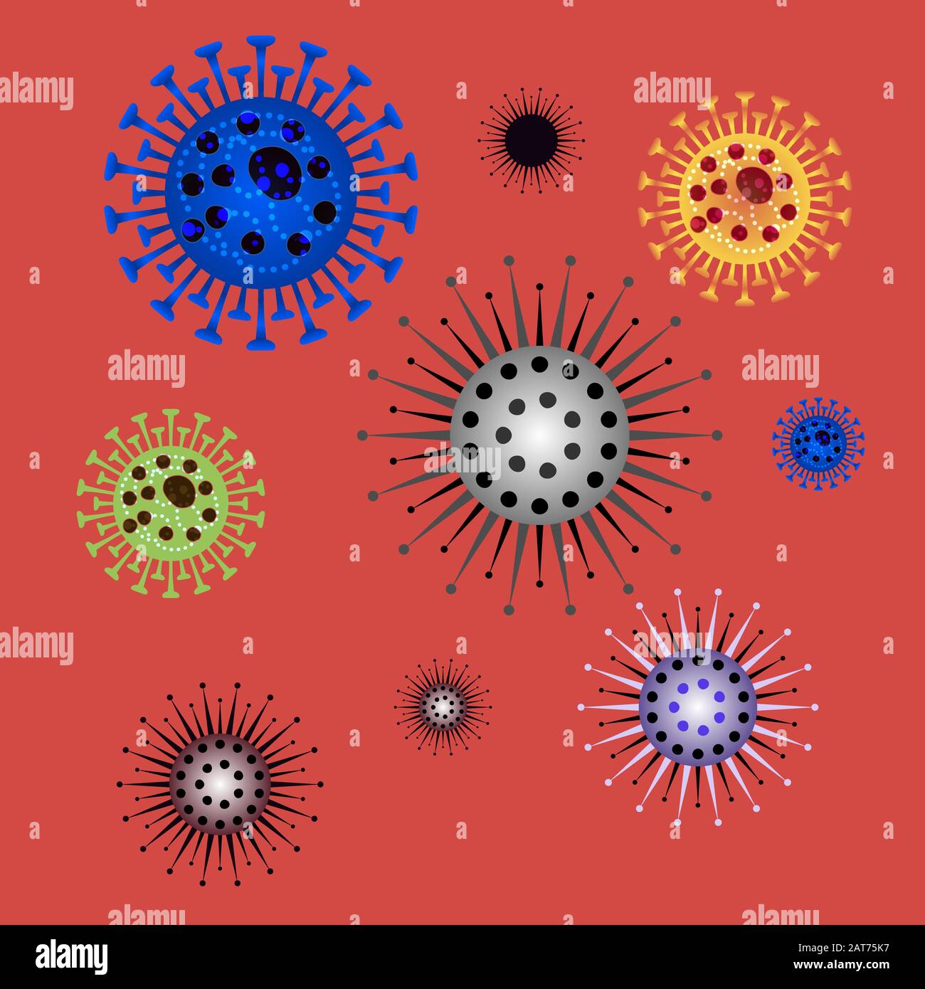 Riproduzione del coronavirus. Varie modifiche di ceppi virali. Concetto pandemico con cellule pericolose. Quarantena cinese 2019-nCoV. Pneumo patogeno Illustrazione Vettoriale