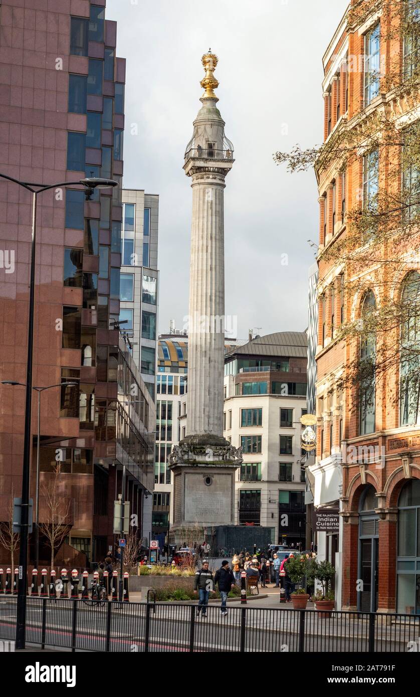 Il monumento al Great Fire Memorial, punto di riferimento turistico visto da Lower Thames Street a Londra nel Regno Unito a partire dal 2020 Foto Stock