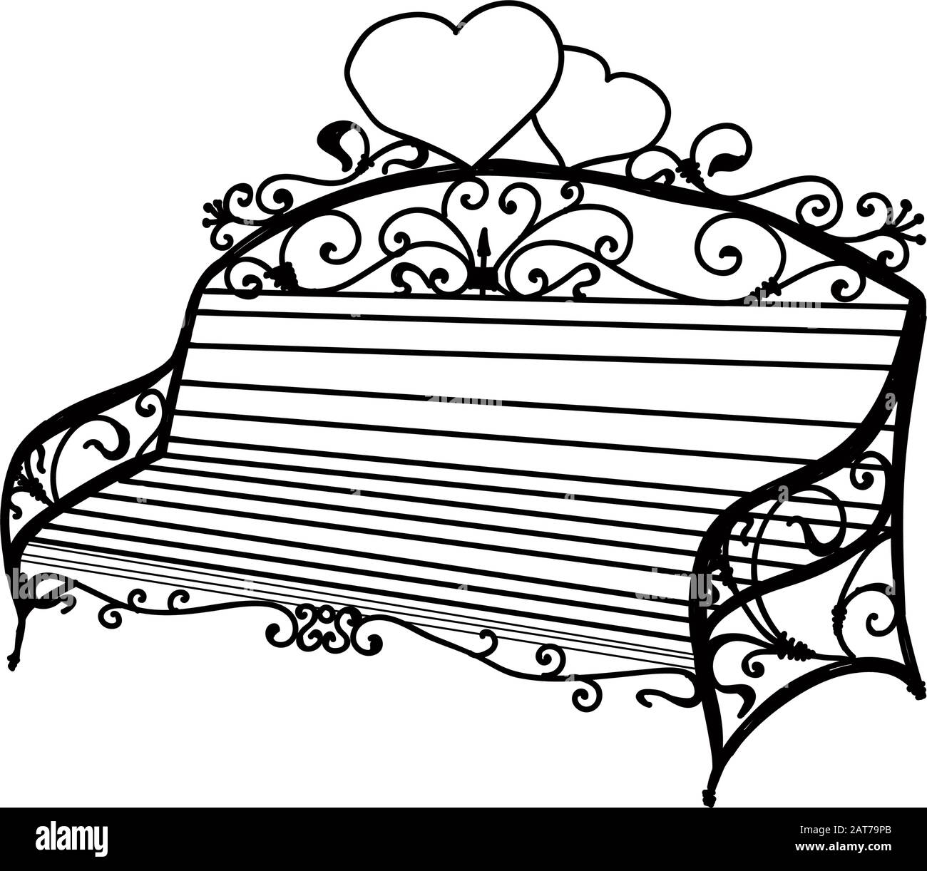 Forgiatura artistica. Negozio forgiato. Il sedile è in metallo. Ricci. Panca da giardino. Panca di stazionamento. Mobili da esterno. Patio. Illustrazione Vettoriale