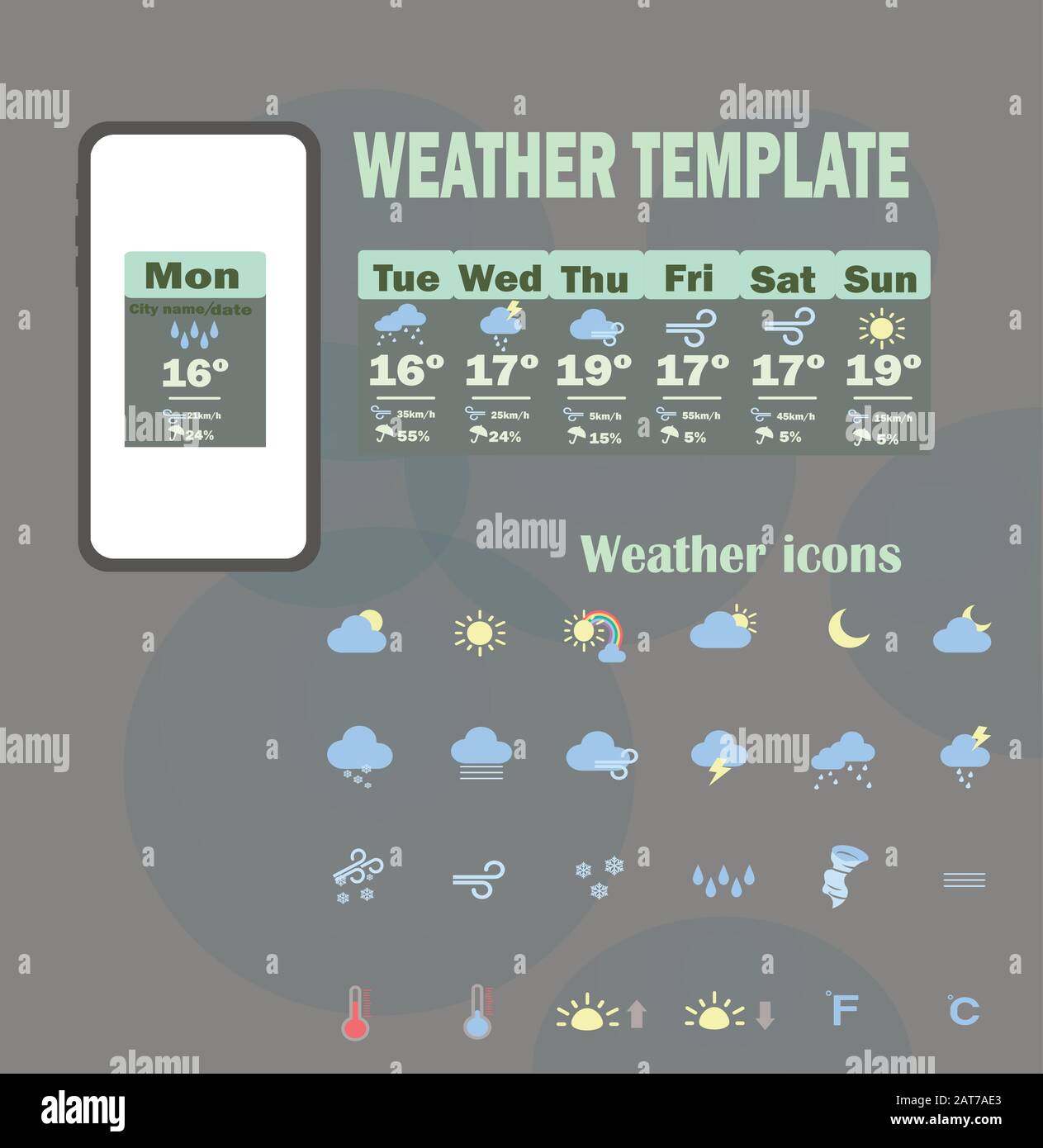Applicazione previsioni meteo per smartphone con una serie di icone meteo Illustrazione Vettoriale