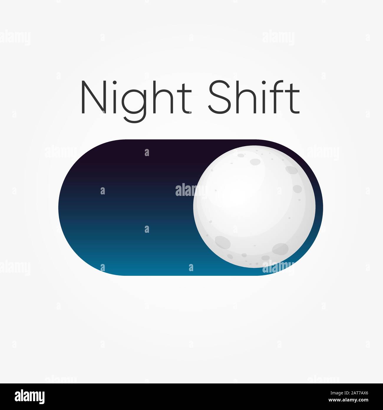 Design moderno per il simbolo blu del pulsante di commutazione Night Shift con l'icona della luna isolata su bianco. Vettore Illustrazione Vettoriale