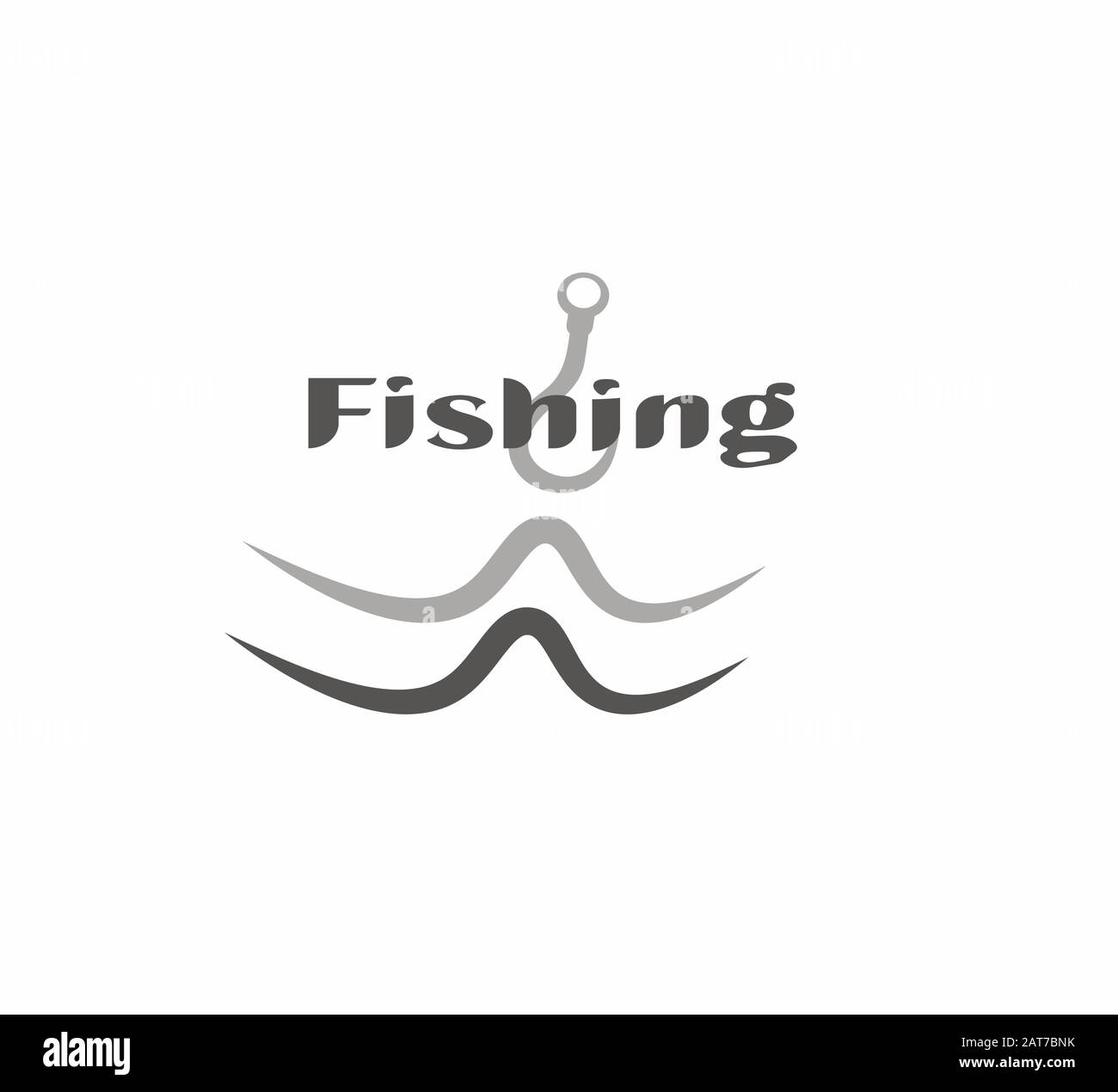 Disegno piatto vettore icona pesca primo piano. Logo mockup per comai - pesca. Onde e gancio da pesca Illustrazione Vettoriale