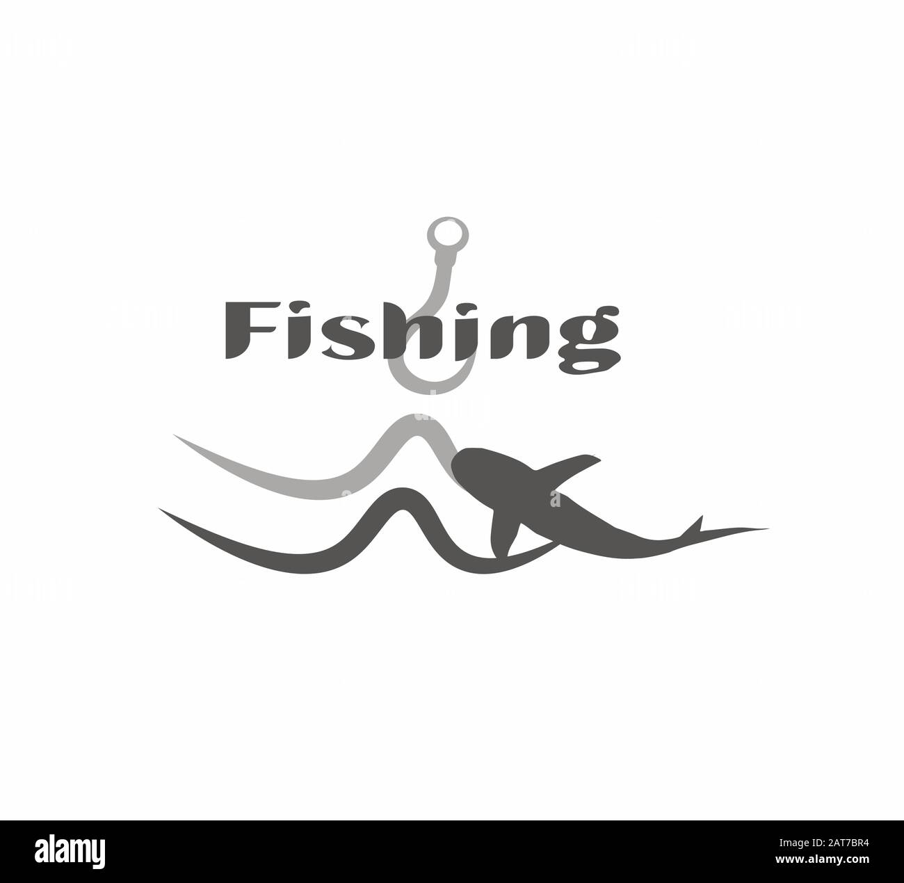 Disegno piatto vettore icona pesca primo piano. La disposizione del logo per l'azienda - pesca. Onde con pesce e gancio icona Illustrazione Vettoriale