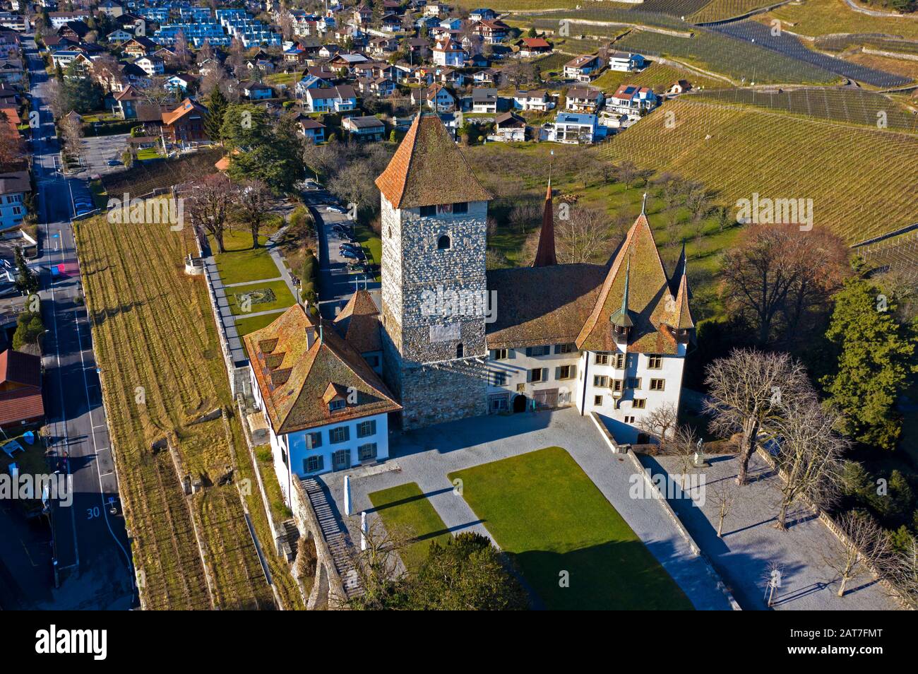 Castello di Spiez, Spiez, cantone di Berna, Svizzera Foto Stock