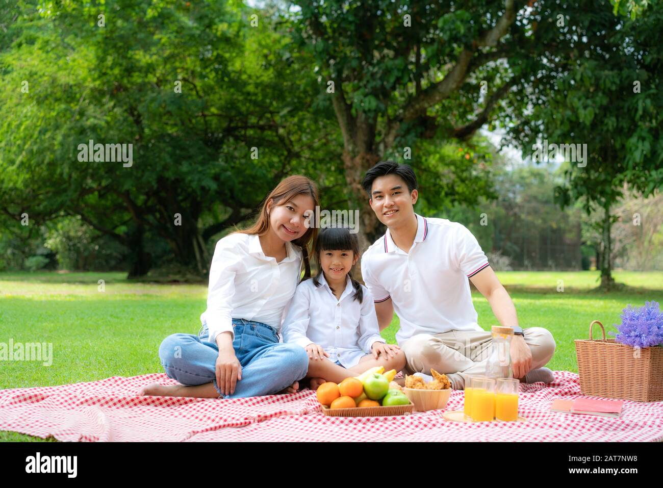 Asian teen famiglia felice vacanza pic-nic momento nel parco con padre, madre e figlia guardando la macchina fotografica e sorriso per trascorrere felice vacanza a Foto Stock